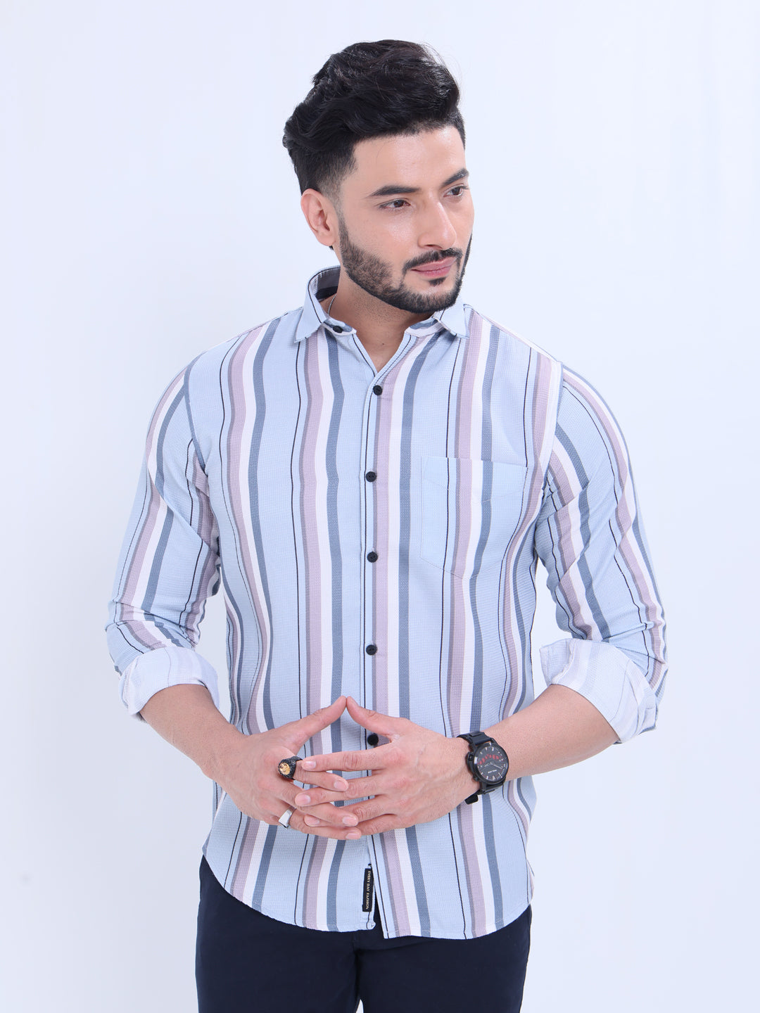 Rocx Brand Men's Striped Casual Shirt with Full Sleeves and Spread Collar - Blue