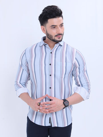 Rocx Brand Men's Striped Casual Shirt with Full Sleeves and Spread Collar - Blue