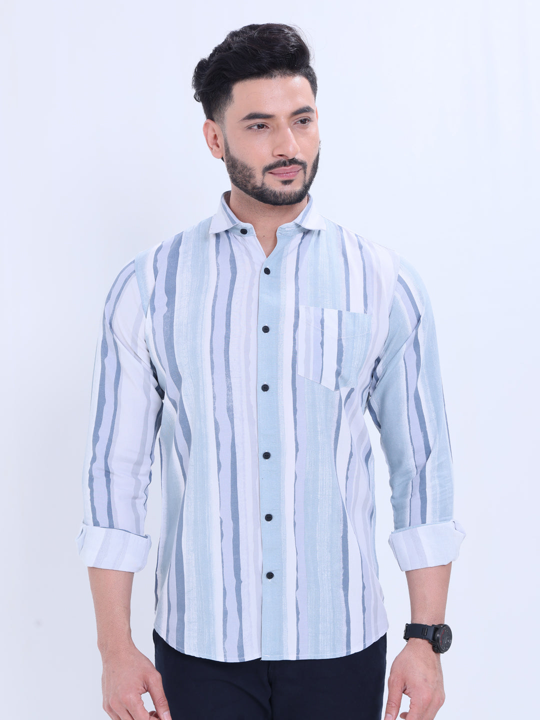 Rocx Men's Full Sleeve Casual Shirt with Vertical Stripes and Spread Collar - Multi