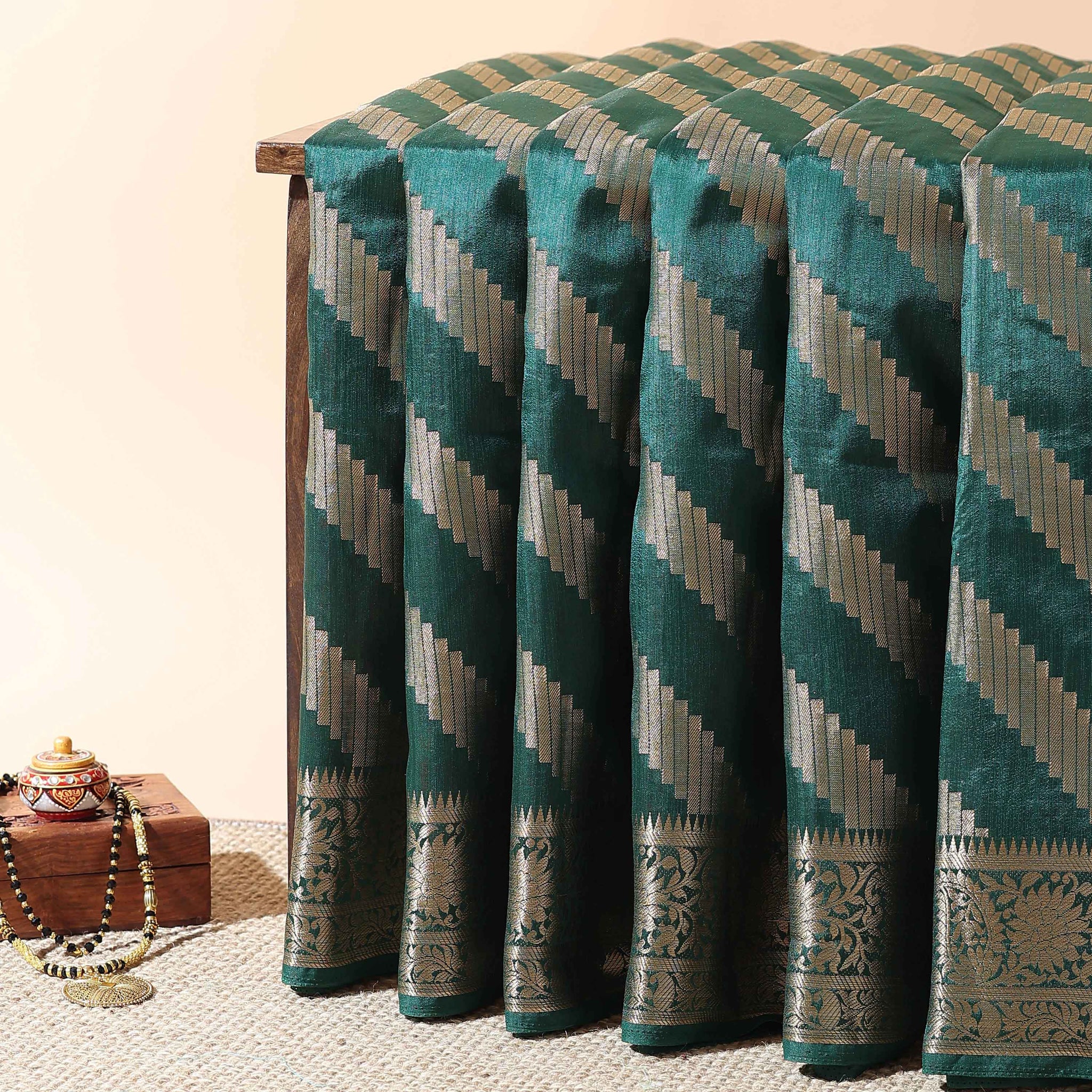Elegant Tussar Silk Saree with Diagonal Woven Stripes and Zari Border – Green
