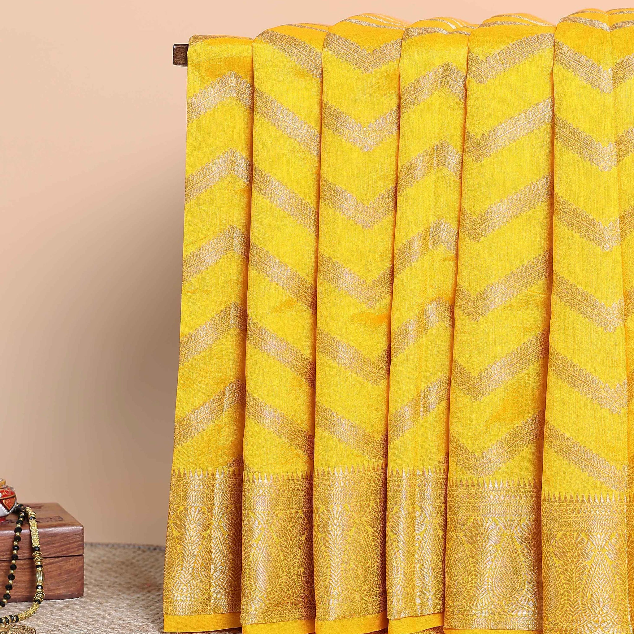 Elegant Tussar Silk Saree with Chevron Zari Weaves and Traditional Border – Yellow