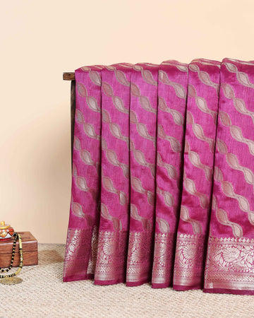 Exquisite Handloom Tussar Silk Saree with Traditional Zari Weave and Intricate Leaf Motifs – Rani Pink
