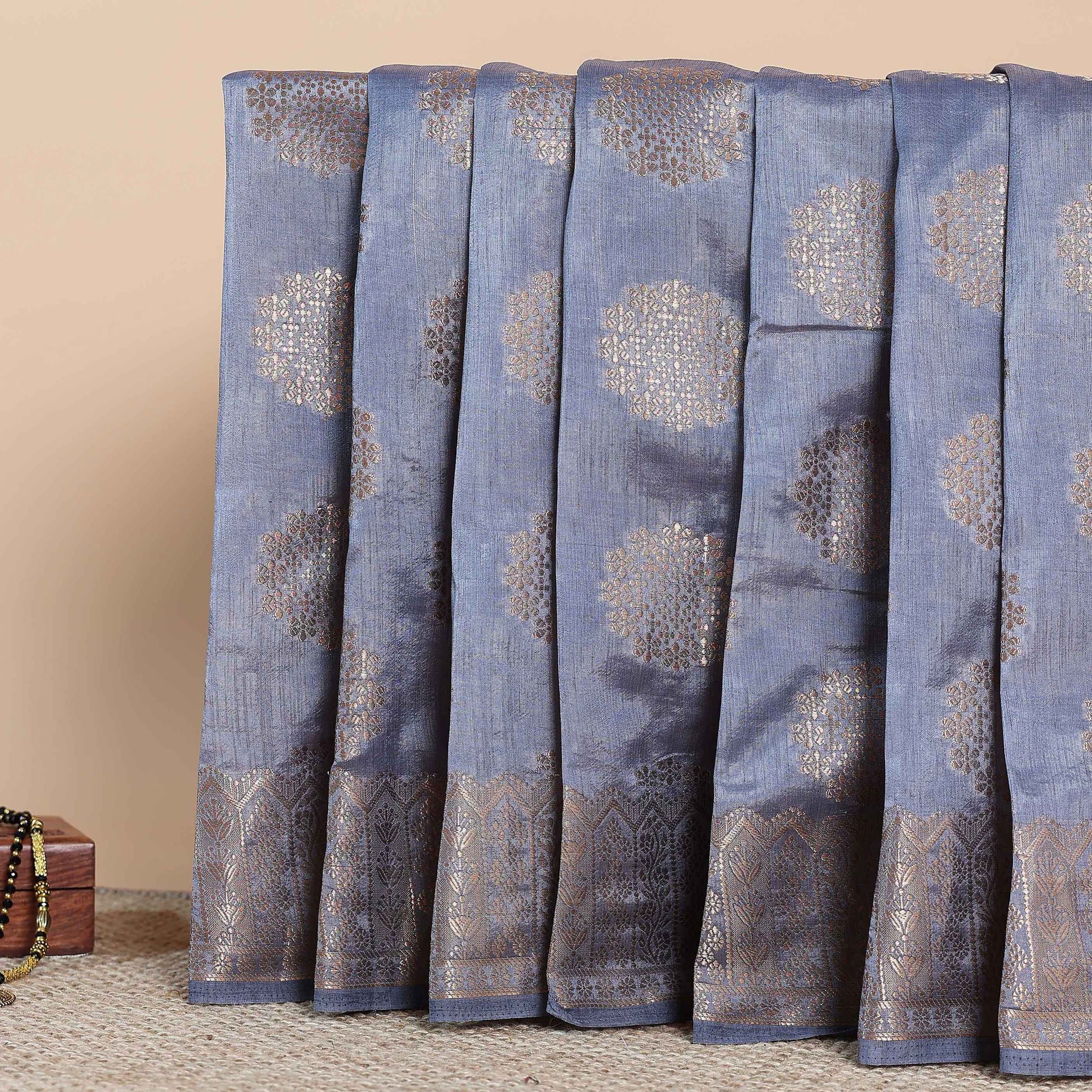 Elegant Tussar Silk Saree with Zari Woven Buttas and Intricate Zari Woven Floral Border - Grey