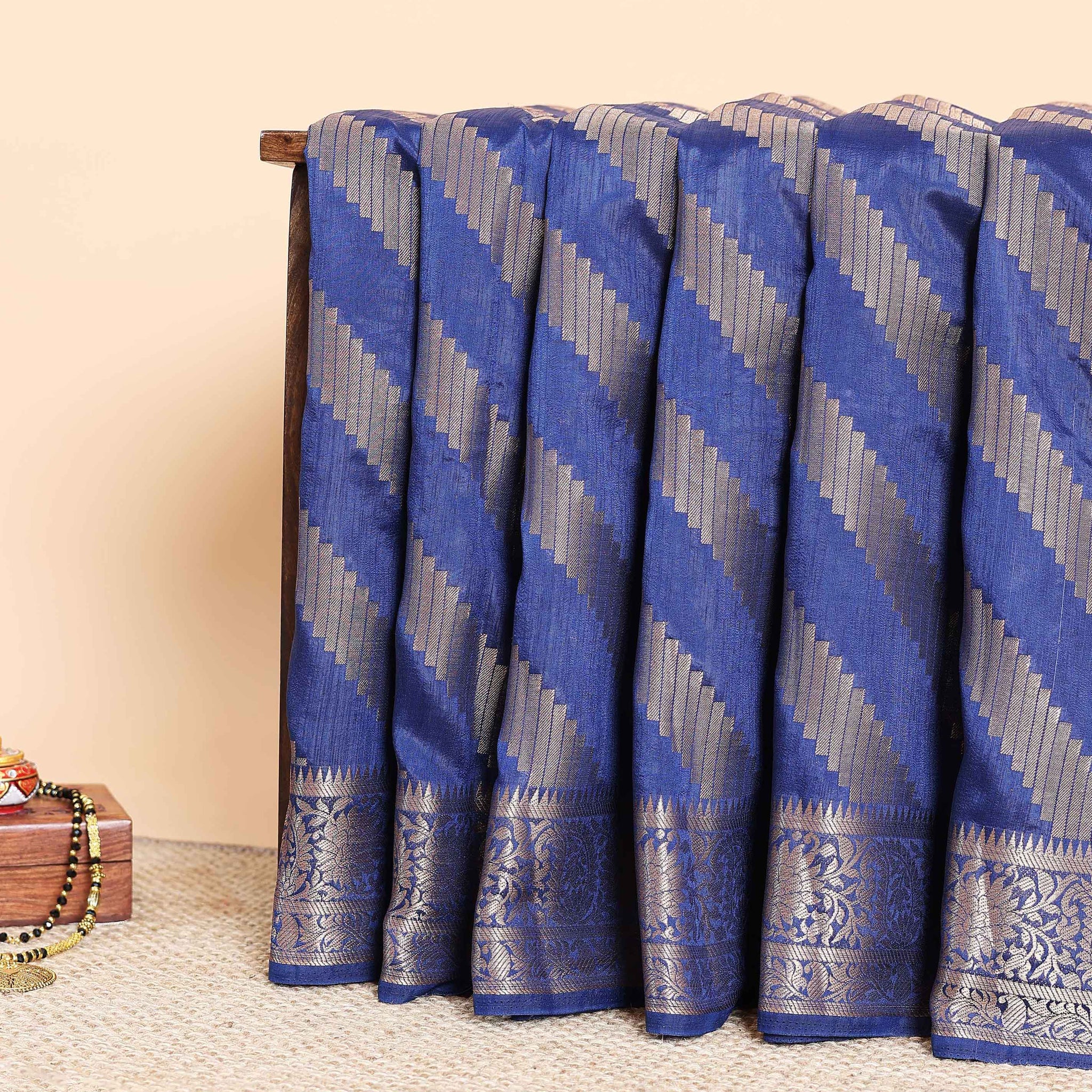 Elegant Tussar Silk Saree with Diagonal Woven Stripes and Zari Border –  Navy Blue