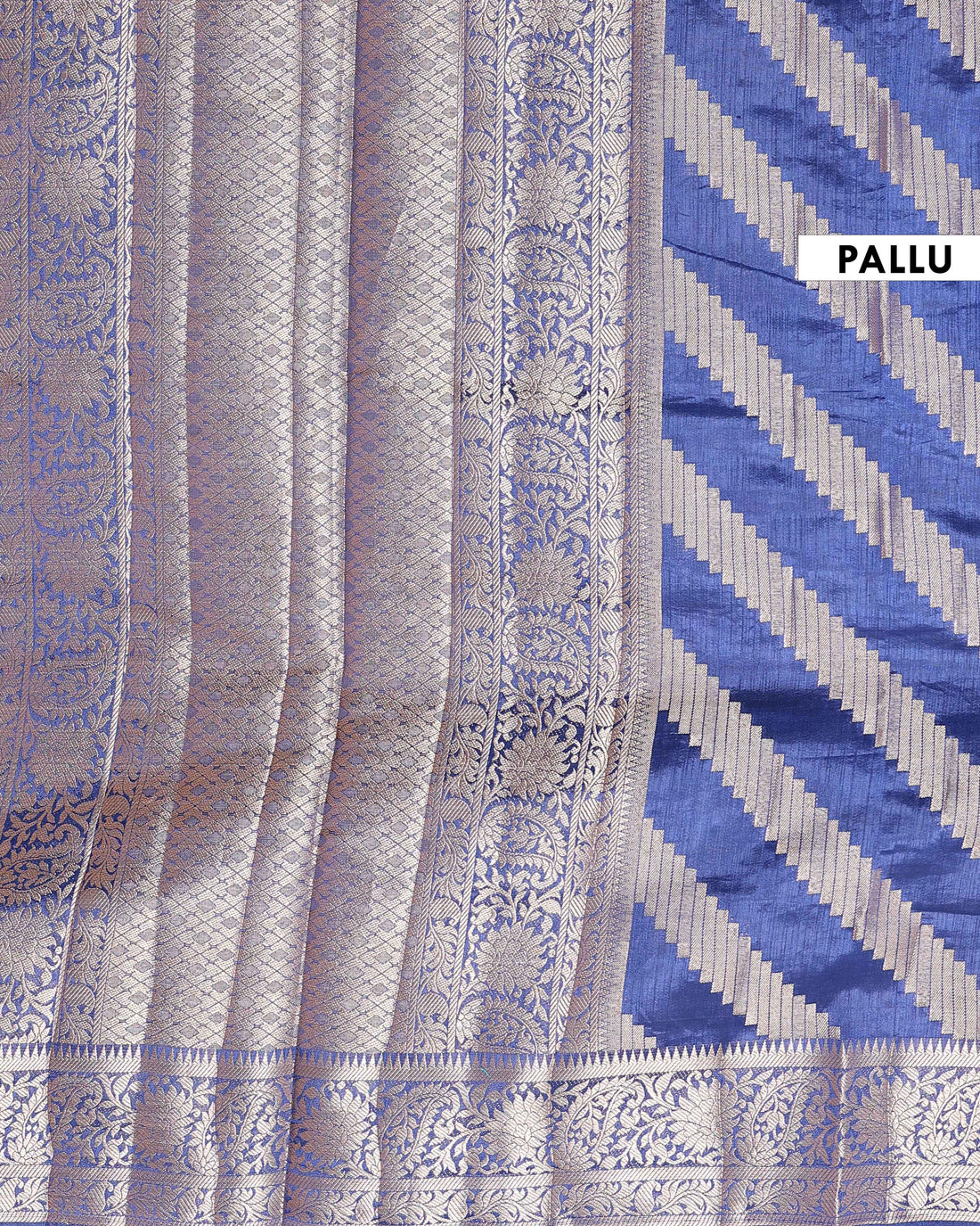 Elegant Tussar Silk Saree with Diagonal Woven Stripes and Zari Border –  Navy Blue