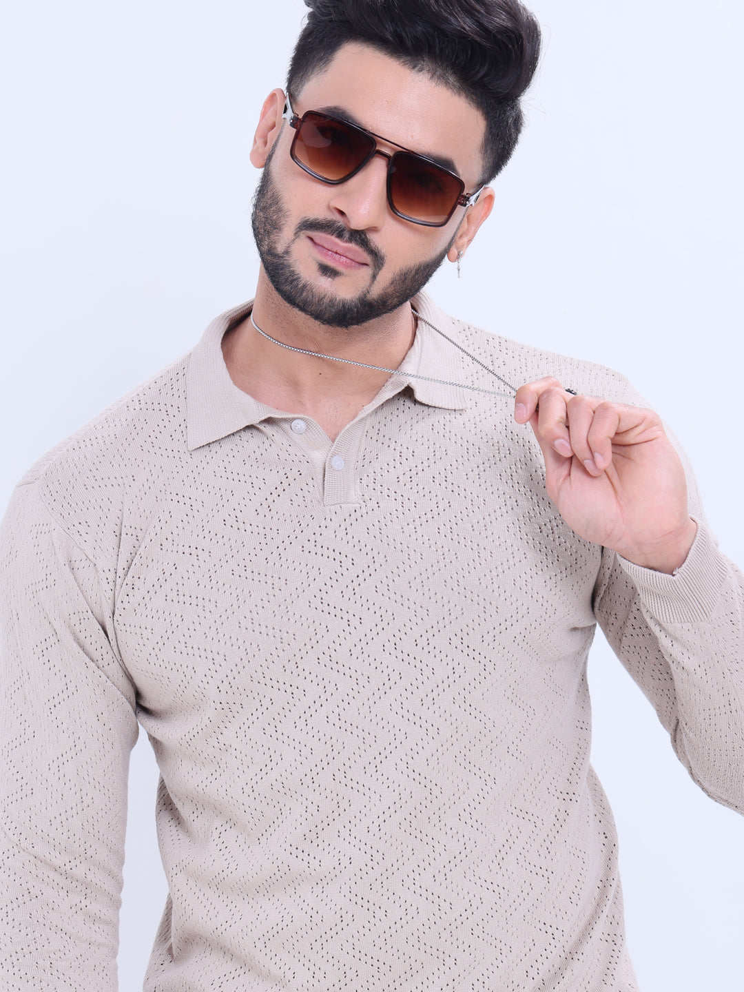 Men's Long Sleeve Textured Knit Nativebull Collar Sweatshirt   -  Grey