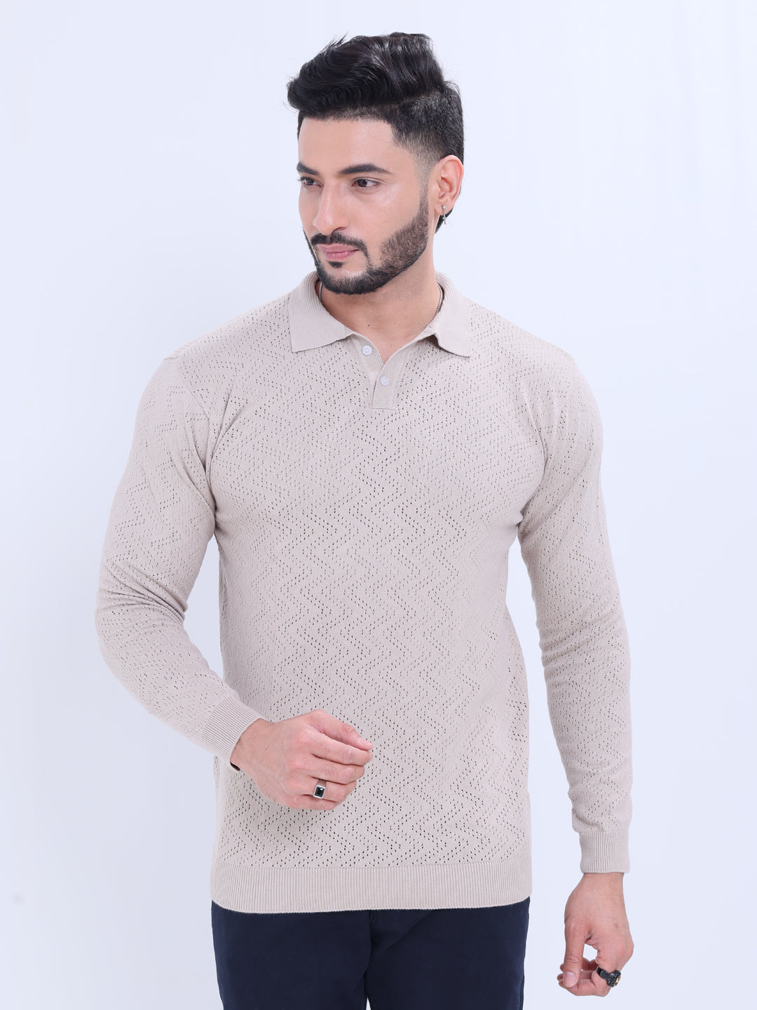 Men's Long Sleeve Textured Knit Nativebull Collar Sweatshirt   -  Grey