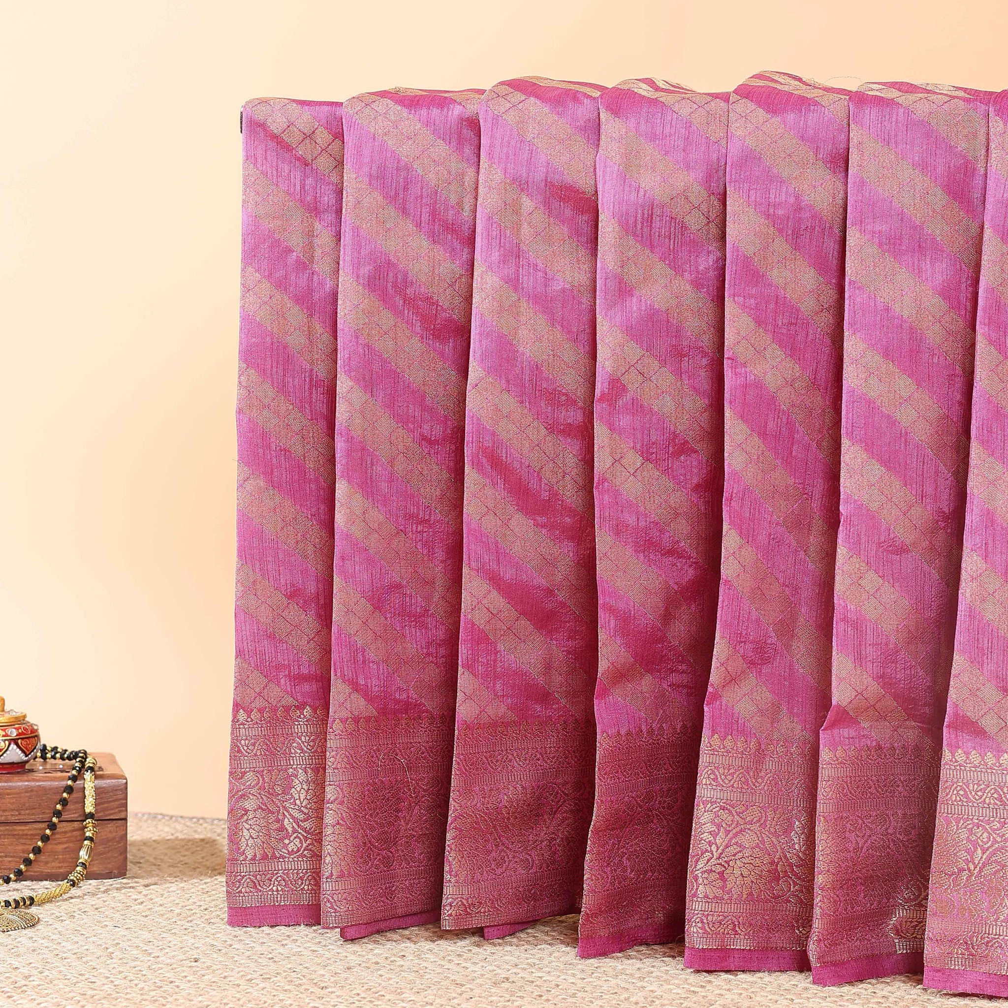 Elegant Tussar Silk Saree With Geometric Zari Weaving and Classic Brocade Border – Pink