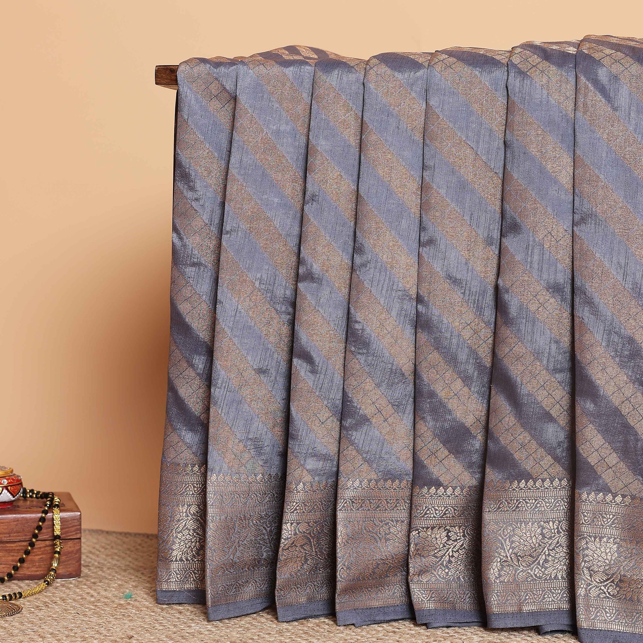 Elegant Tussar Silk Saree With Geometric Zari Weaving and Classic Brocade Border – Grey