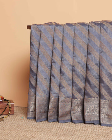 Elegant Tussar Silk Saree With Geometric Zari Weaving and Classic Brocade Border – Grey