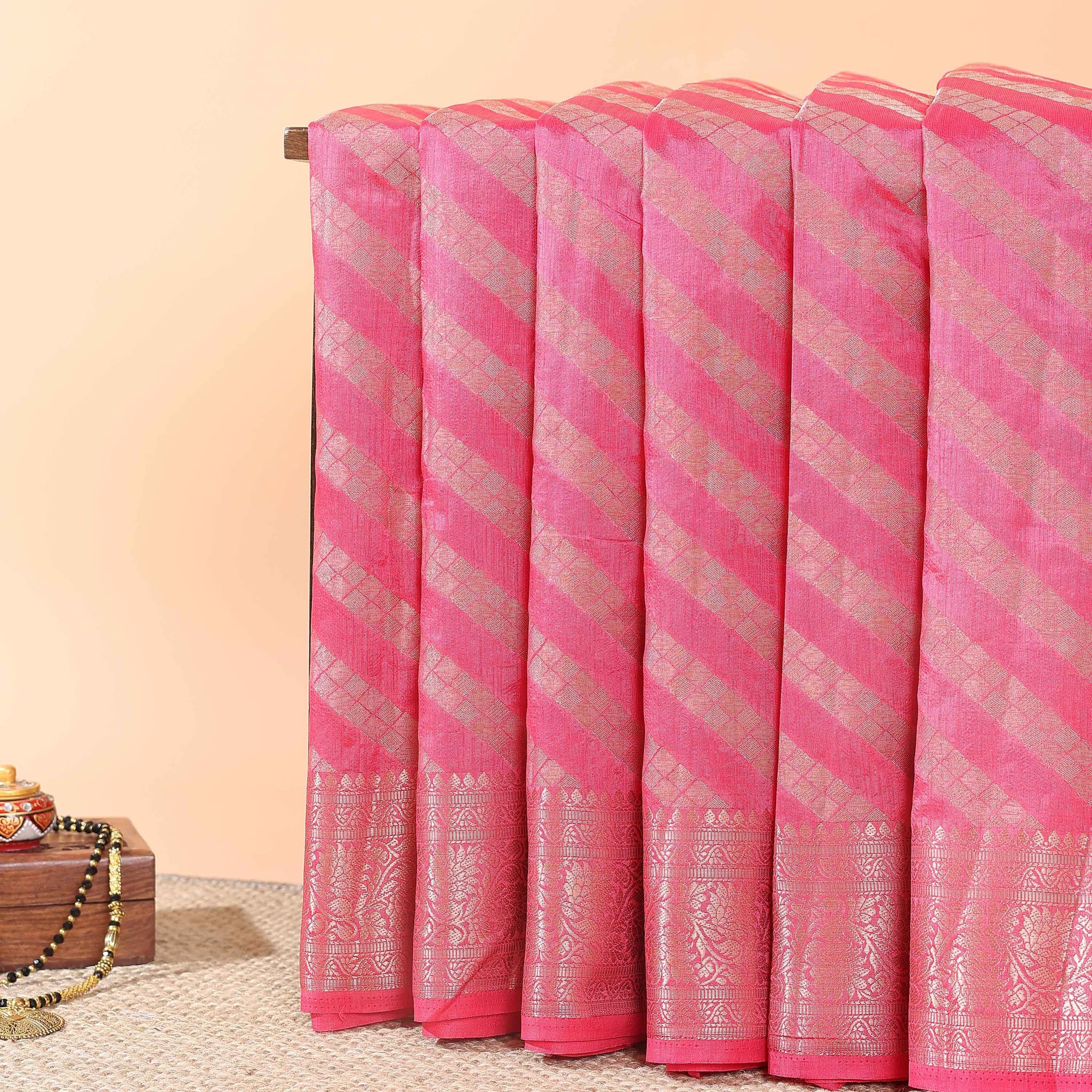 Elegant Tussar Silk Saree With Geometric Zari Weaving and Classic Brocade Border – Pink