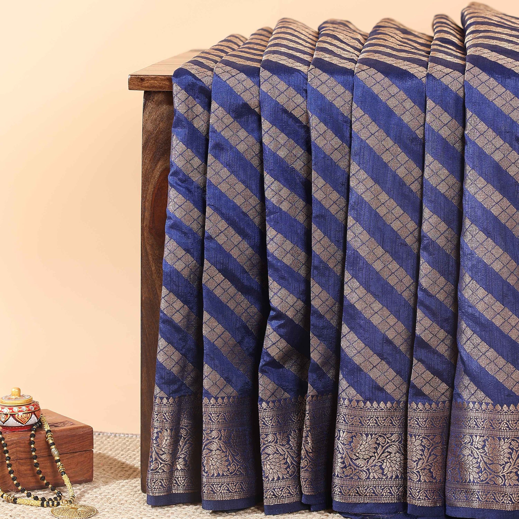 Elegant Tussar Silk Saree With Geometric Zari Weaving and Classic Brocade Border – Navy Blue