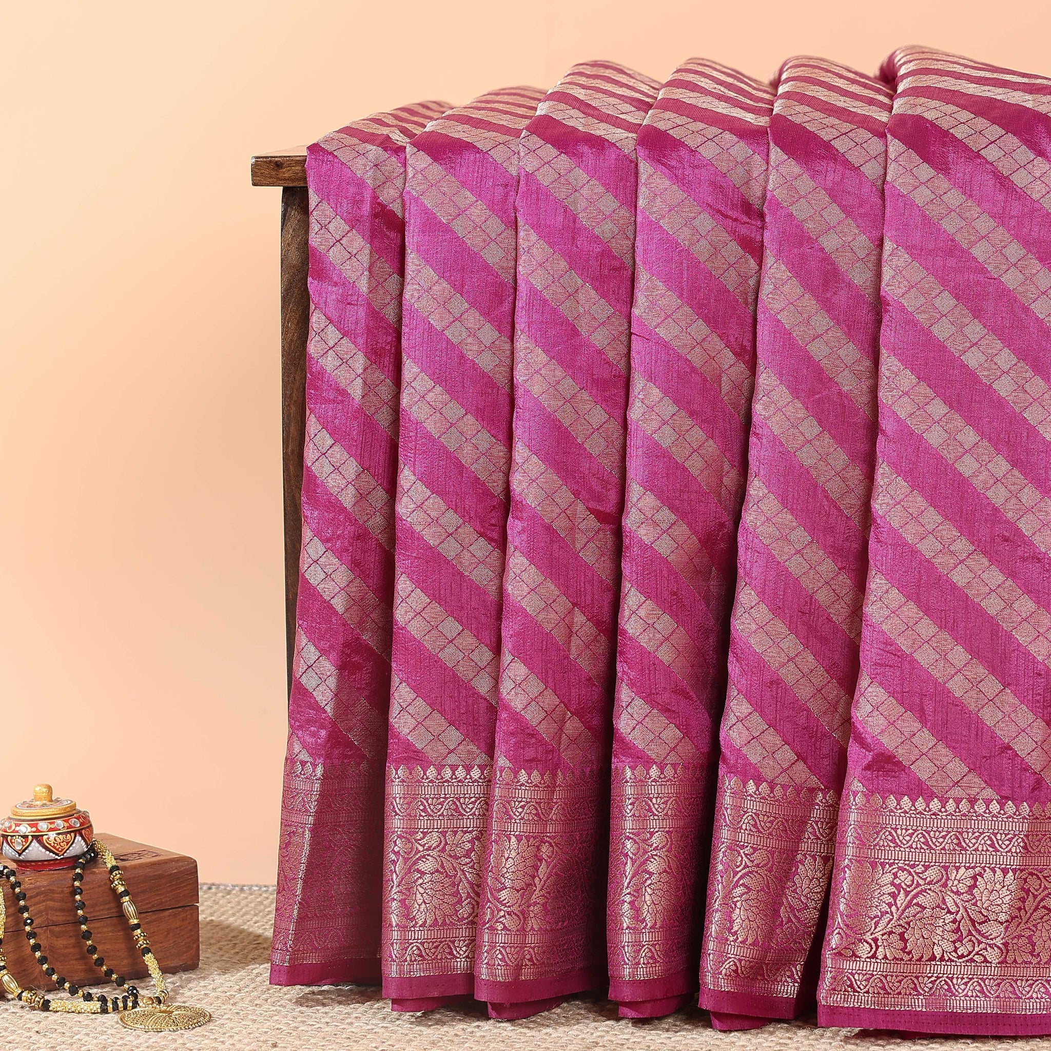 Elegant Tussar Silk Saree With Geometric Zari Weaving and Classic Brocade Border – Pink