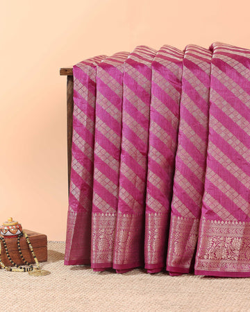 Elegant Tussar Silk Saree With Geometric Zari Weaving and Classic Brocade Border – Pink