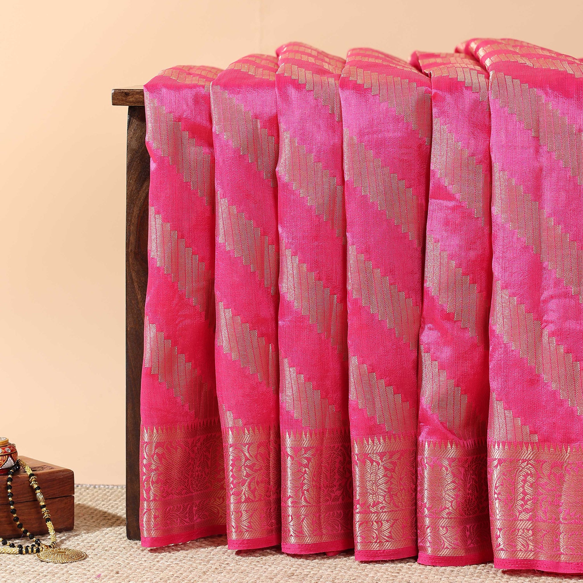 Elegant Tussar Silk Saree with Diagonal Woven Stripes and Zari Border – Pink