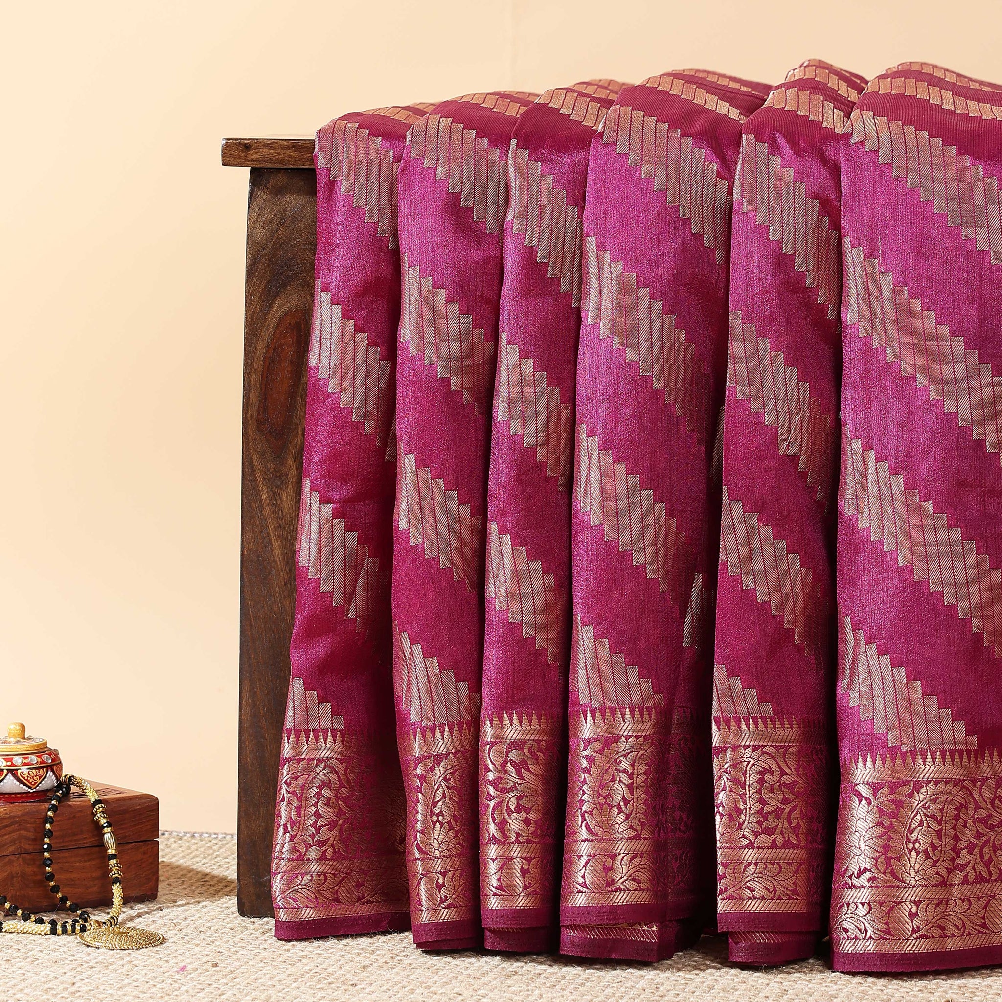 Elegant Tussar Silk Saree with Diagonal Woven Stripes and Zari Border – Magenta