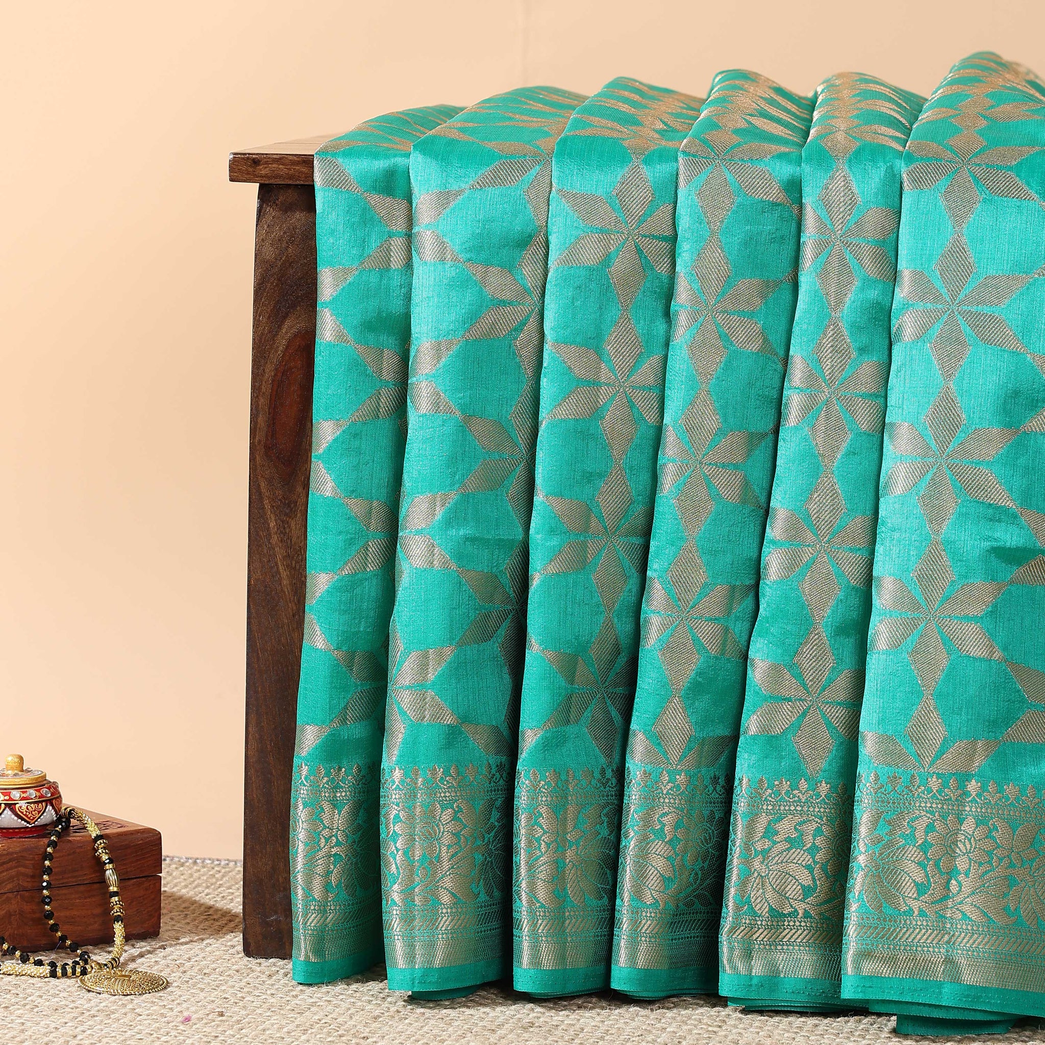 Elegant Tussar Silk Saree with Geometric Floral Design and Intricate Zari Border - Green