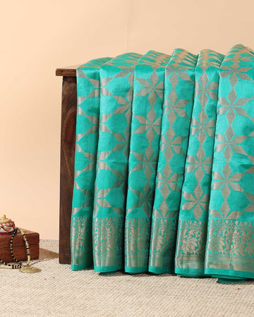 Elegant Tussar Silk Saree with Geometric Floral Design and Intricate Zari Border - Green
