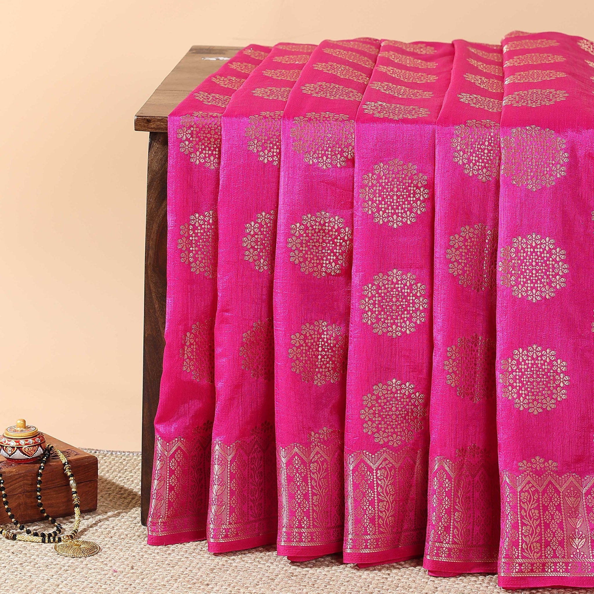 Elegant Tussar Silk Saree with Intricate Zari Weave and Floral Motifs – Pink