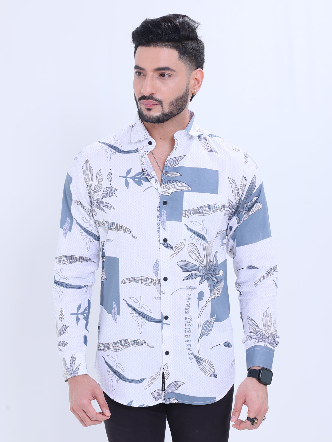 Rocx Men's Printed Casual Shirt with Spread Collar and Full Sleeves - White