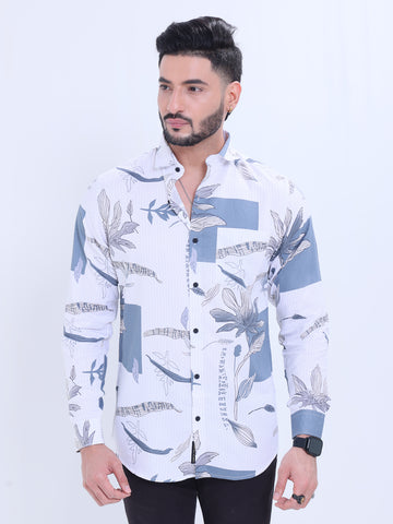 Rocx Men's Printed Casual Shirt with Spread Collar and Full Sleeves - White