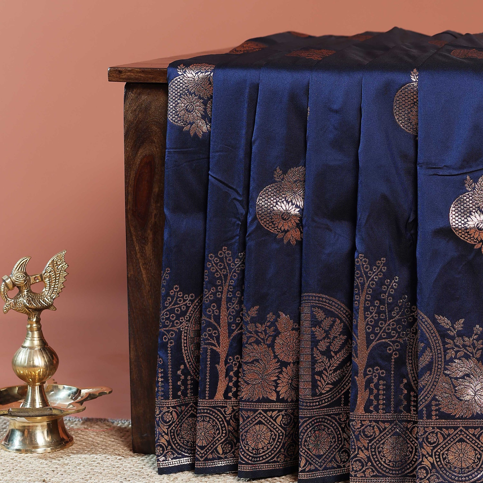 Elegant Banarasi Semi Silk Saree with Antique Zari Floral Buttas and Ornate Brocade Border - Navy Blue