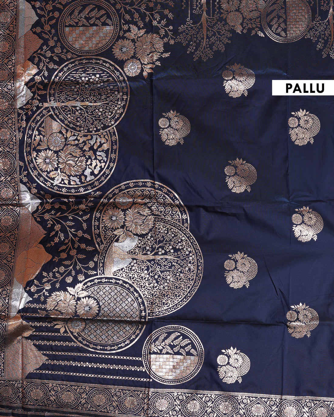 Elegant Banarasi Semi Silk Saree with Antique Zari Floral Buttas and Ornate Brocade Border - Navy Blue