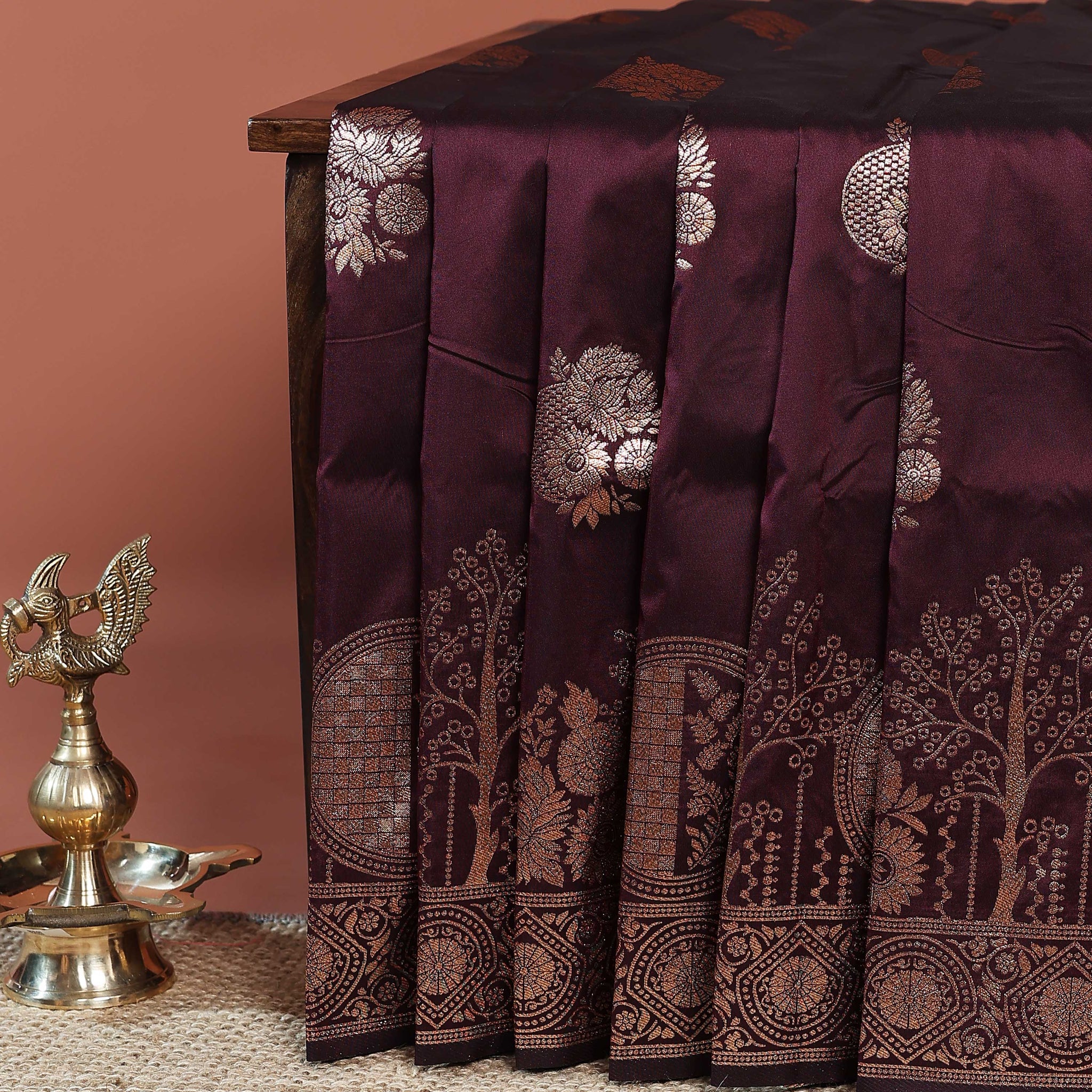 Elegant Banarasi Semi Silk Saree with Antique Zari Floral Buttas and Ornate Brocade Border - Purple
