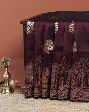 Elegant Banarasi Semi Silk Saree with Antique Zari Floral Buttas and Ornate Brocade Border - Purple