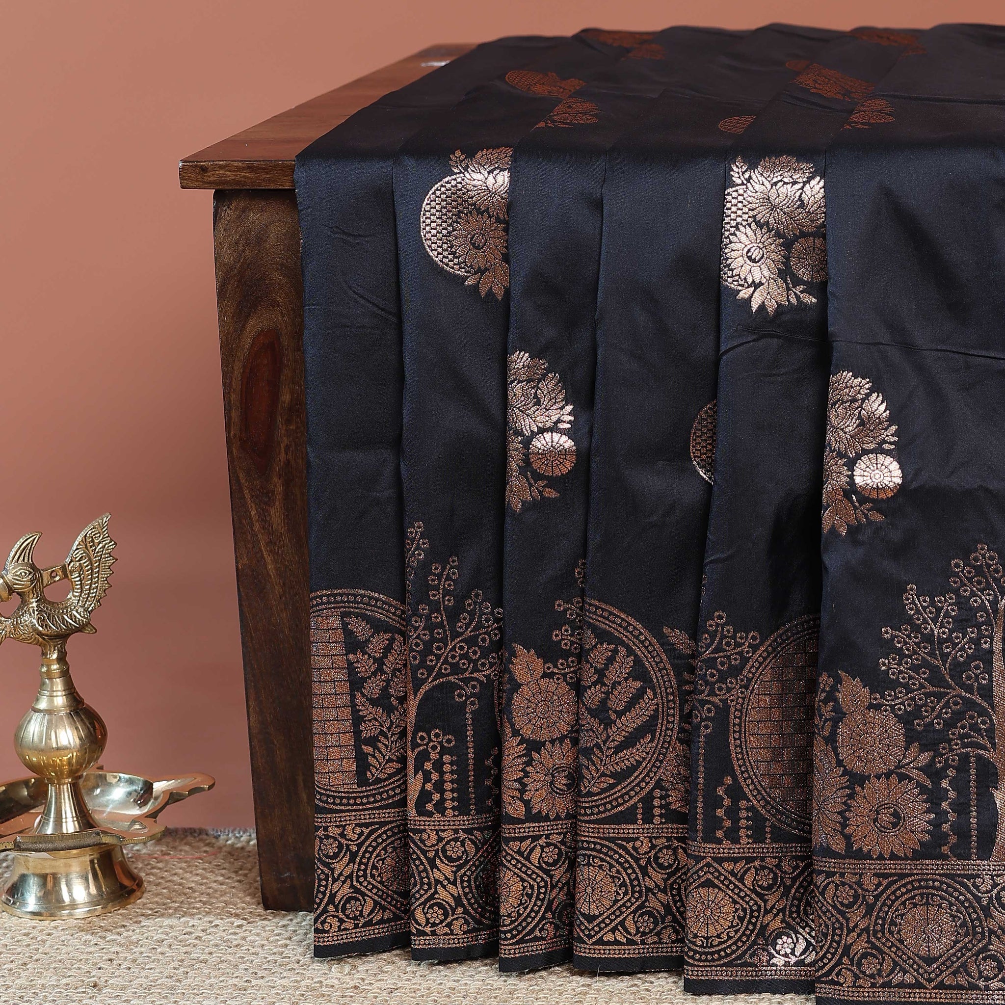 Elegant Banarasi Semi Silk Saree with Antique Zari Floral Buttas and Ornate Brocade Border - Black