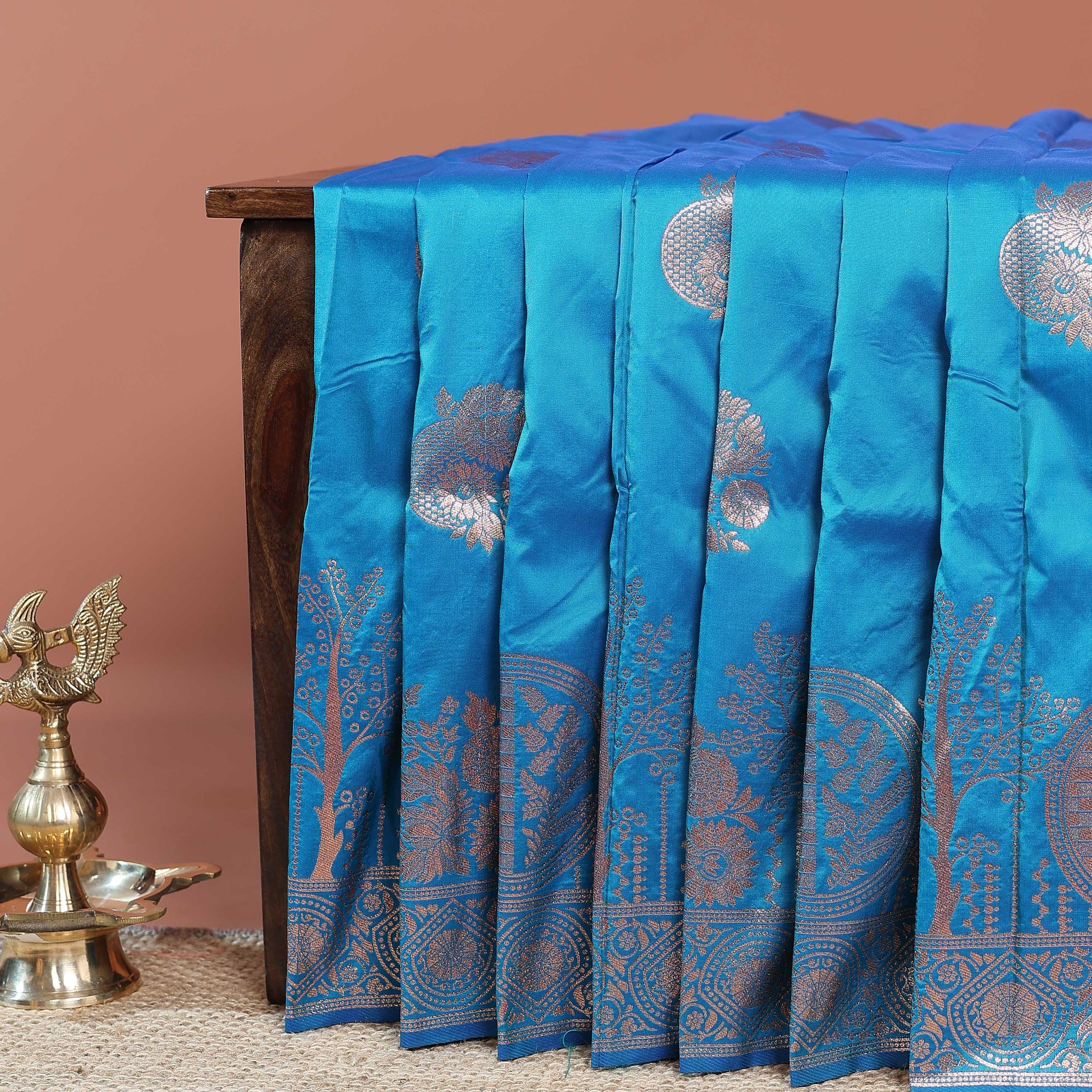 Elegant Banarasi Semi Silk Saree with Antique Zari Floral Buttas and Ornate Brocade Border -Blue