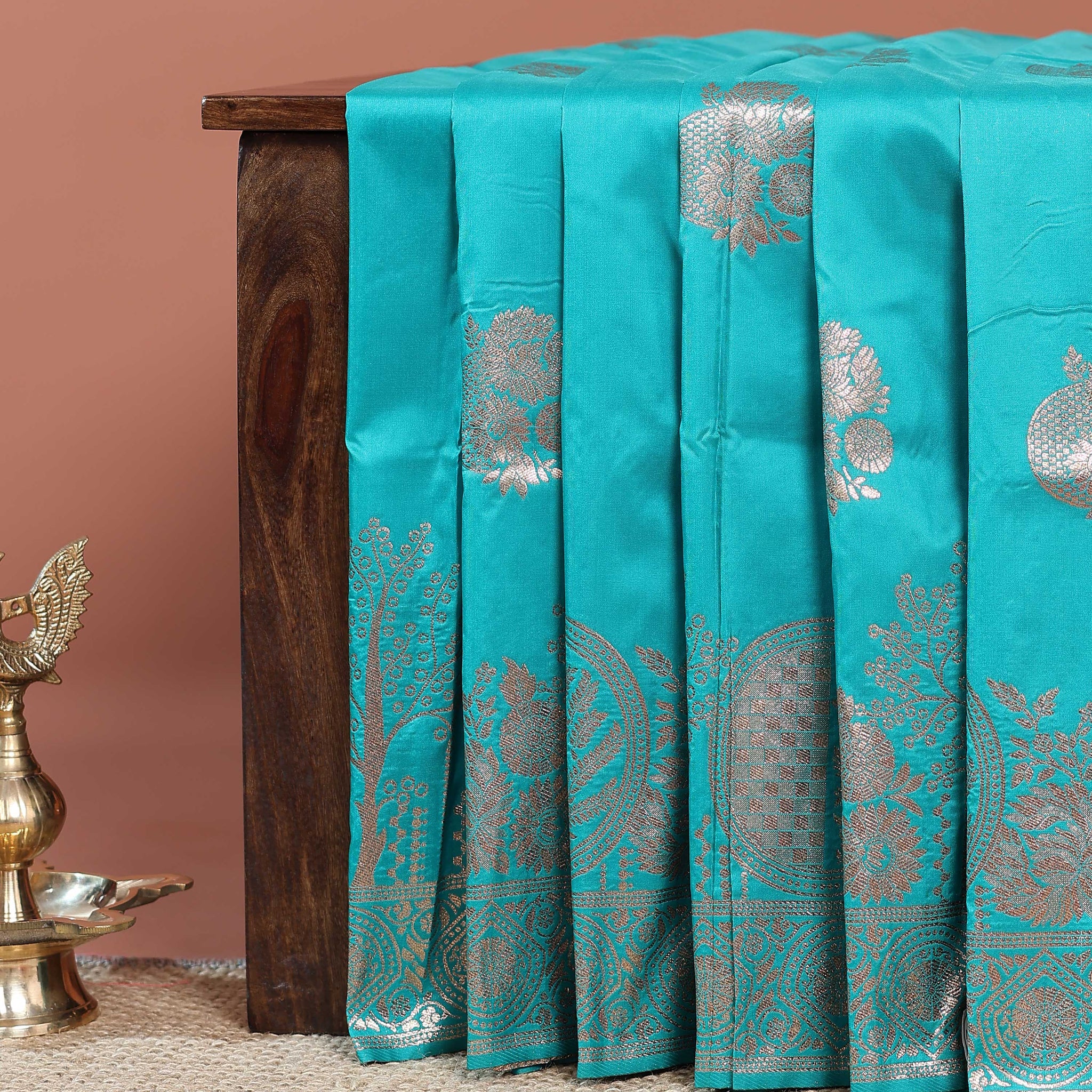 Elegant Banarasi Semi Silk Saree with Antique Zari Floral Buttas and Ornate Brocade Border -Aqua Blue