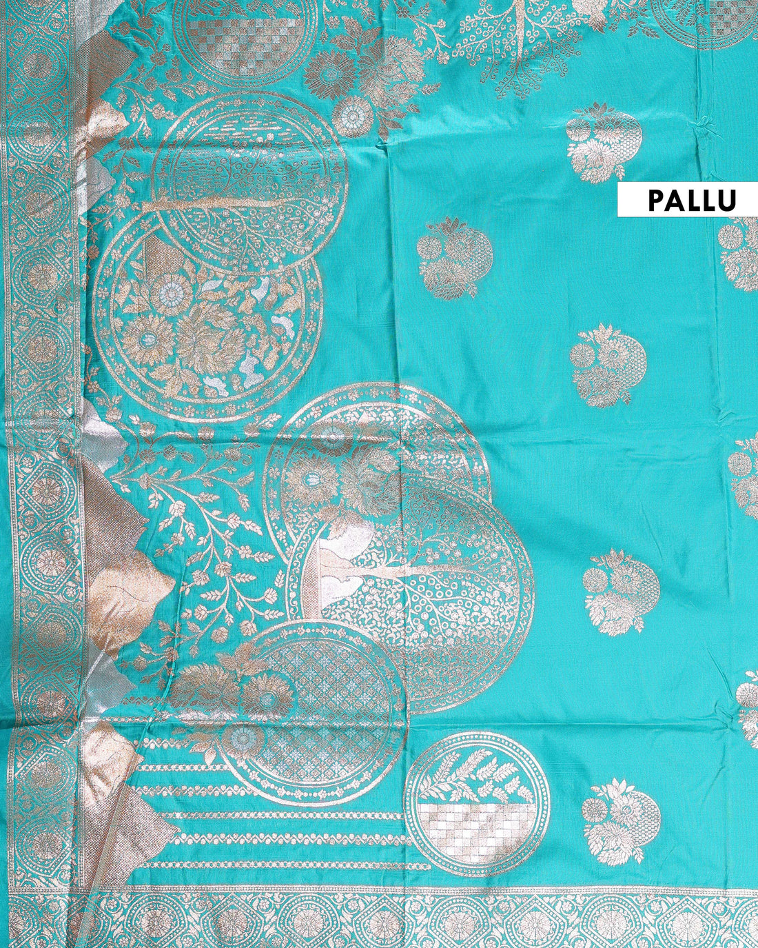 Elegant Banarasi Semi Silk Saree with Antique Zari Floral Buttas and Ornate Brocade Border -Aqua Blue