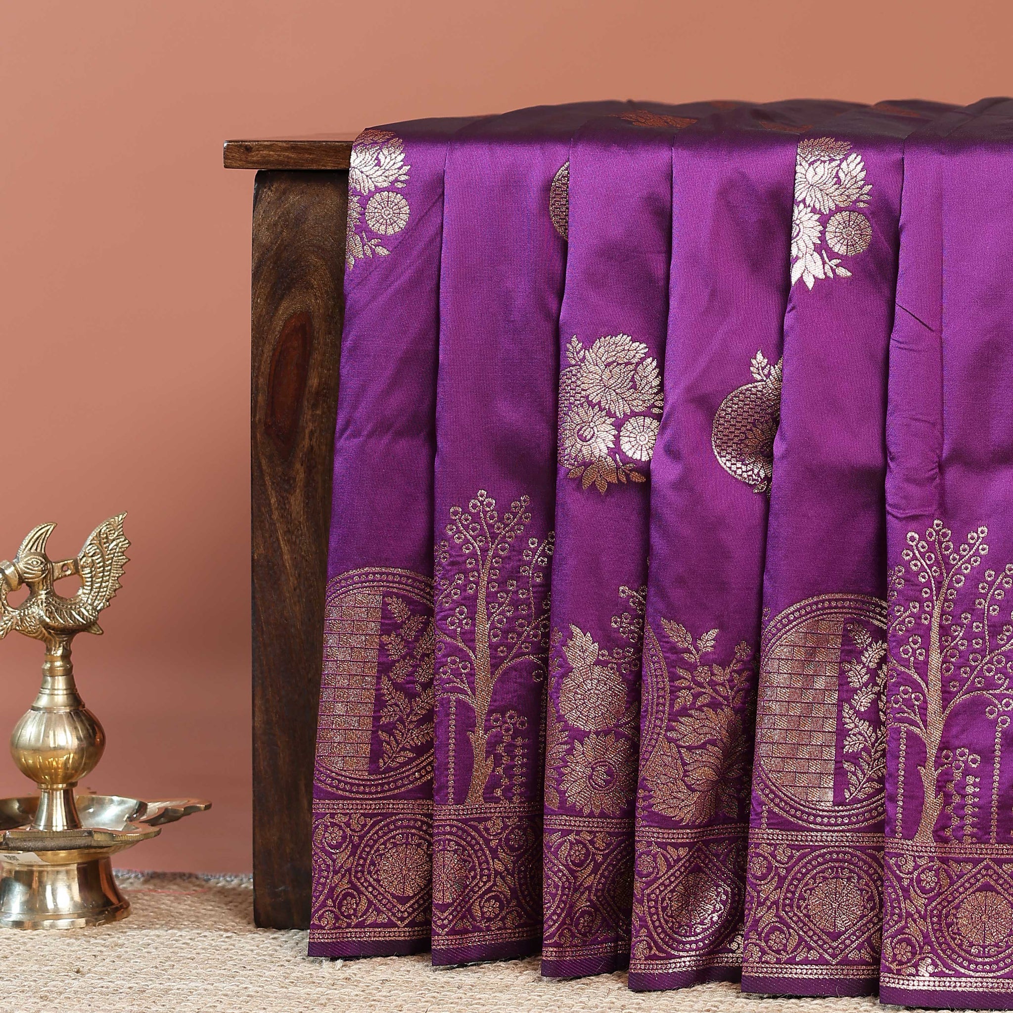 Elegant Banarasi Semi Silk Saree with Antique Zari Floral Buttas and Ornate Brocade Border -Purple