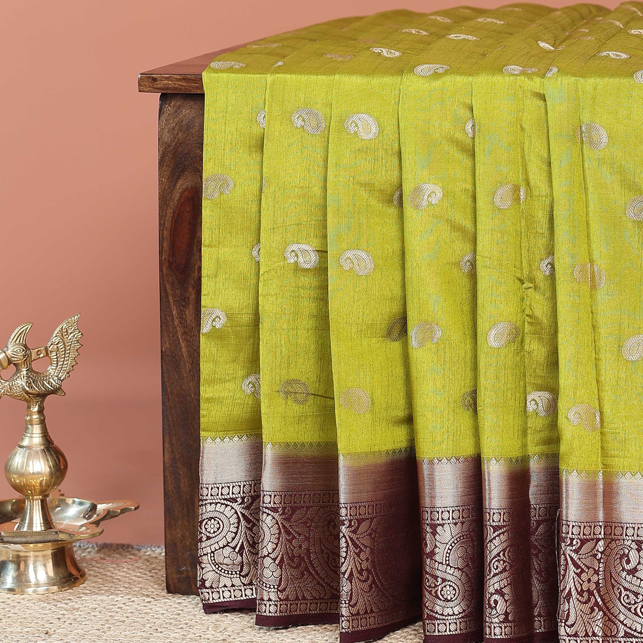 Elegant Banarasi Silk Saree with Paisley Zari Buttas and Contrast Woven Border -Green