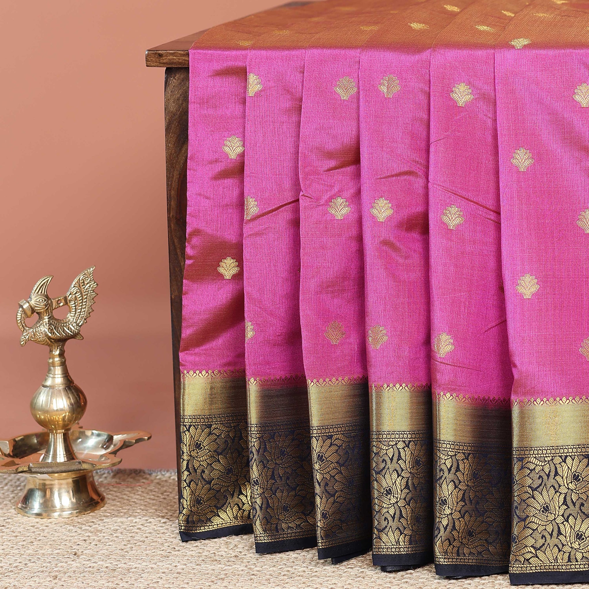 Graceful Banarasi Semi Silk Saree with Gold Zari Buttas and Rich Contrast Brocade Border -Pink