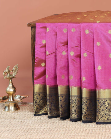 Graceful Banarasi Semi Silk Saree with Gold Zari Buttas and Rich Contrast Brocade Border -Pink