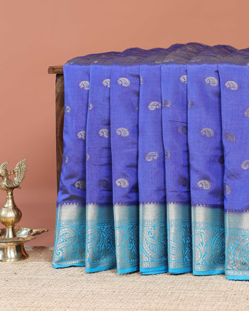 Elegant Banarasi Semi Silk Saree with Paisley Zari Buttas and Contrast Woven Border -Blue
