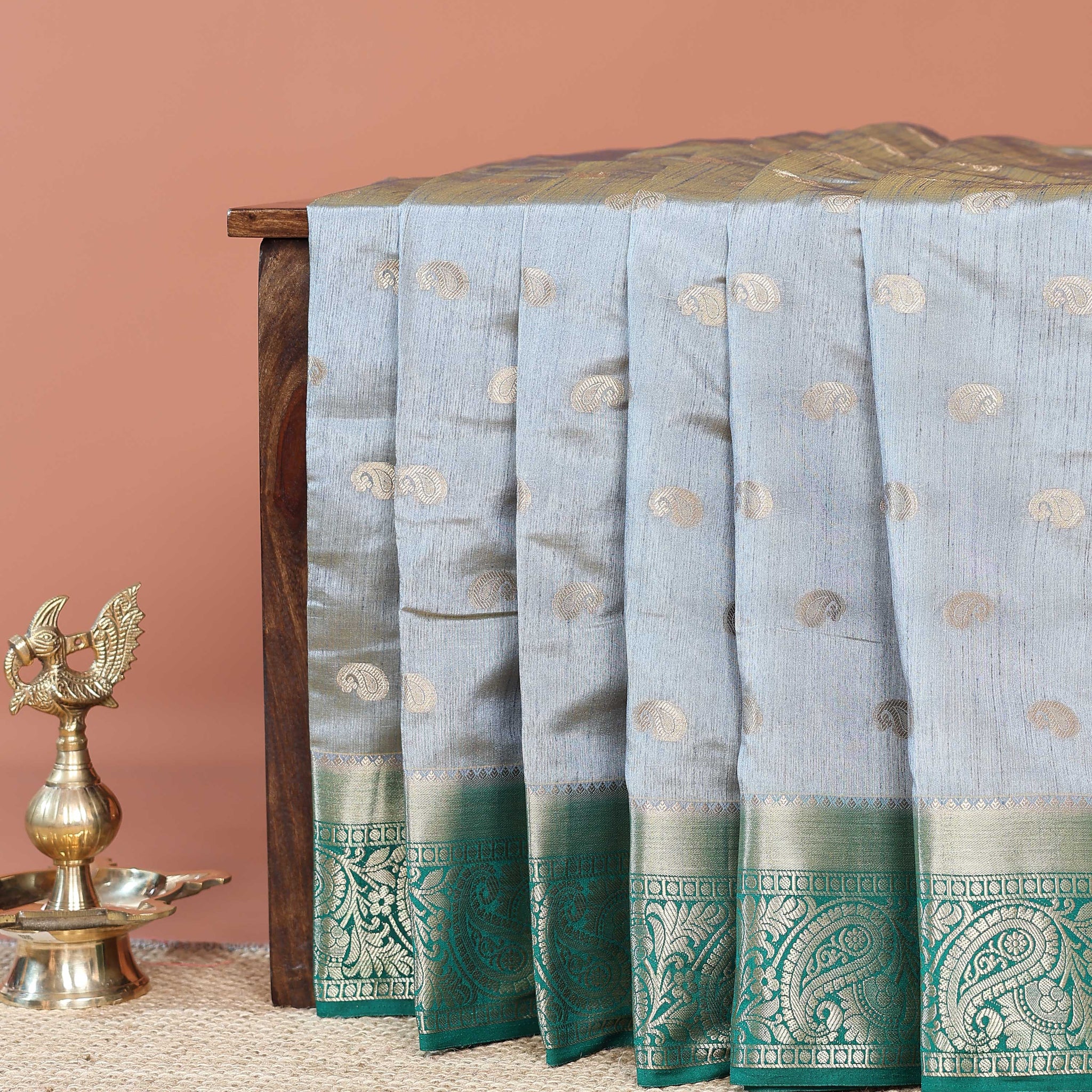 Elegant Banarasi Silk Saree with Paisley Zari Buttas and Contrast Woven Border - Grey