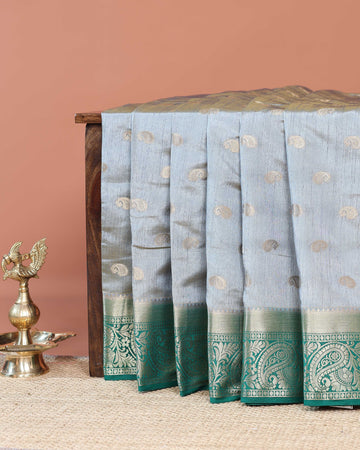 Elegant Banarasi Silk Saree with Paisley Zari Buttas and Contrast Woven Border - Grey