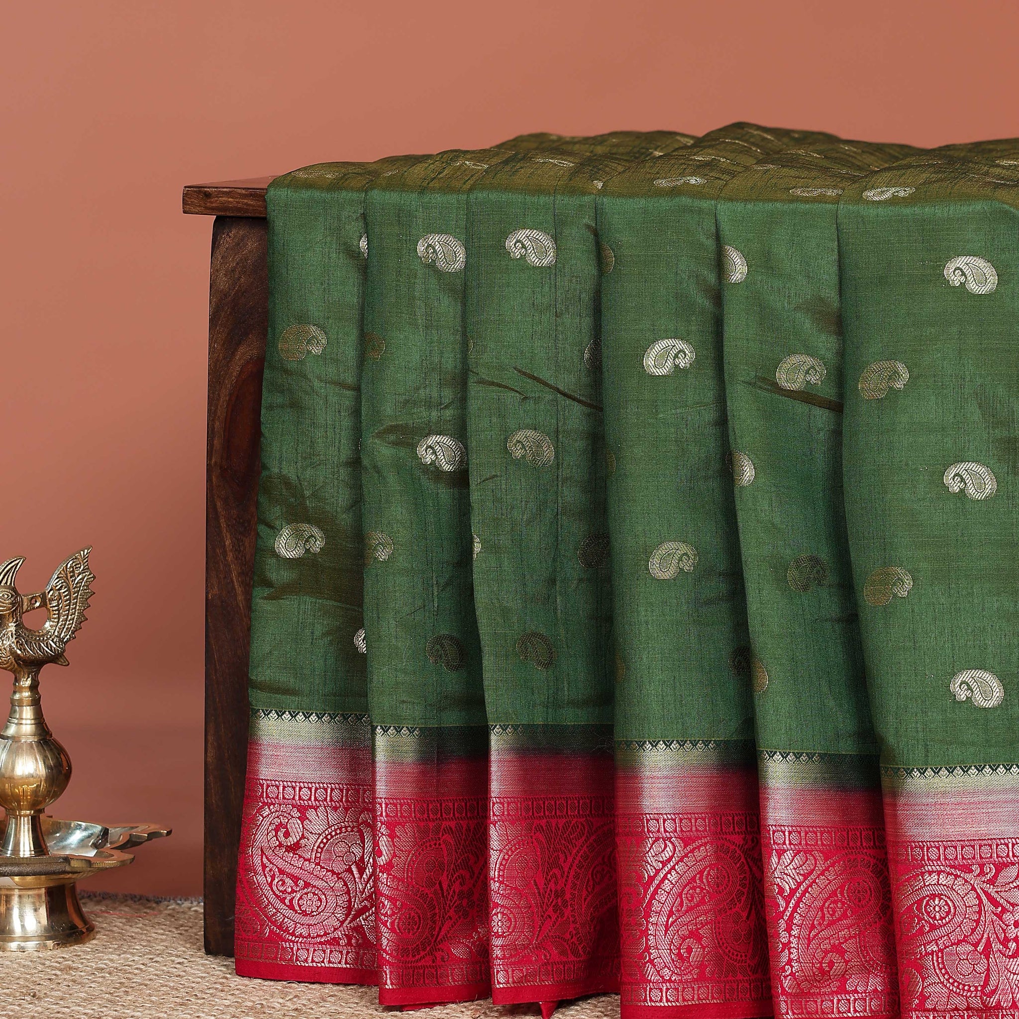 Elegant Banarasi Silk Saree with Paisley Zari Buttas and Contrast Woven Border - Green