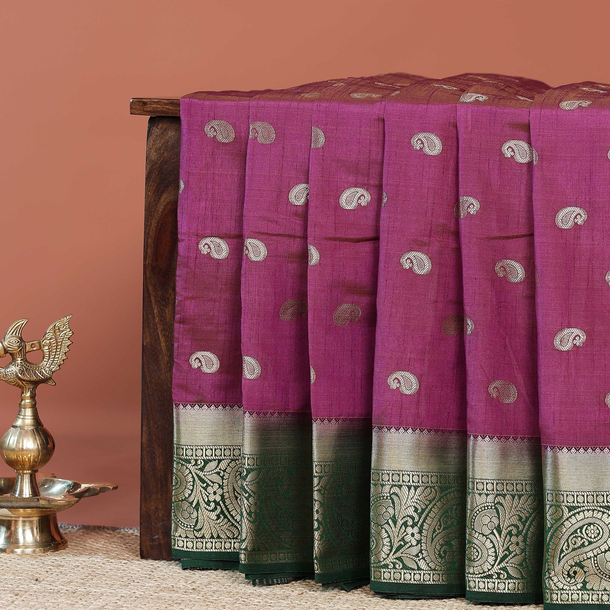 Elegant Banarasi Silk Saree with Paisley Zari Buttas and Contrast Woven Border - Purple