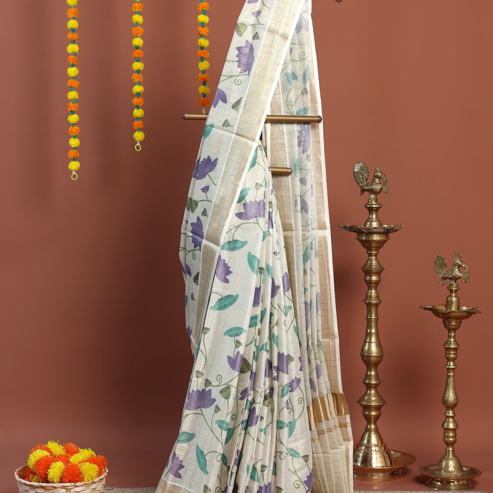 Kasavu Kerala Saree with Zari Border and All-Over Floral Printed Design - Cream