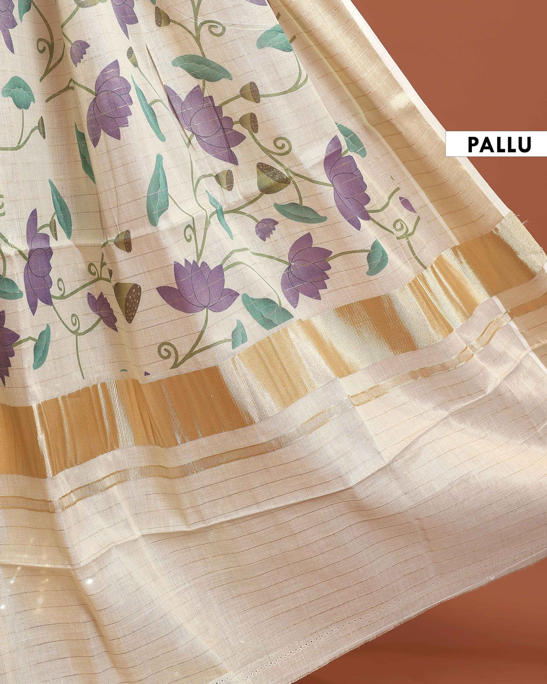 Kasavu Kerala Saree with Zari Border and All-Over Floral Printed Design - Cream