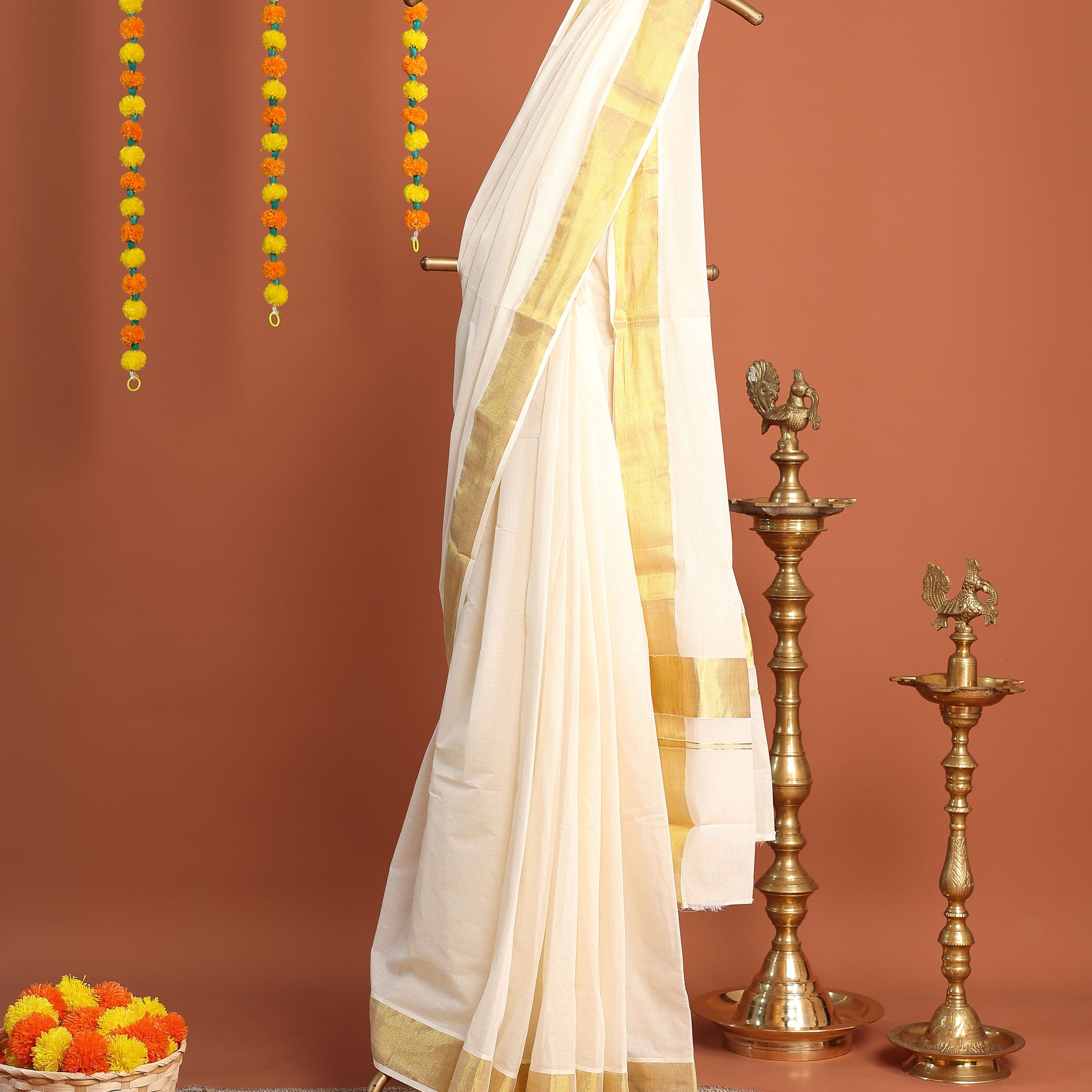 Traditional Kerala Kasavu Cotton Saree with Golden Zari Border - Cream