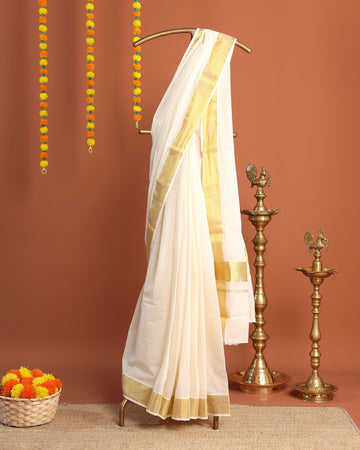 Traditional Kerala Kasavu Cotton Saree with Golden Zari Border - Cream