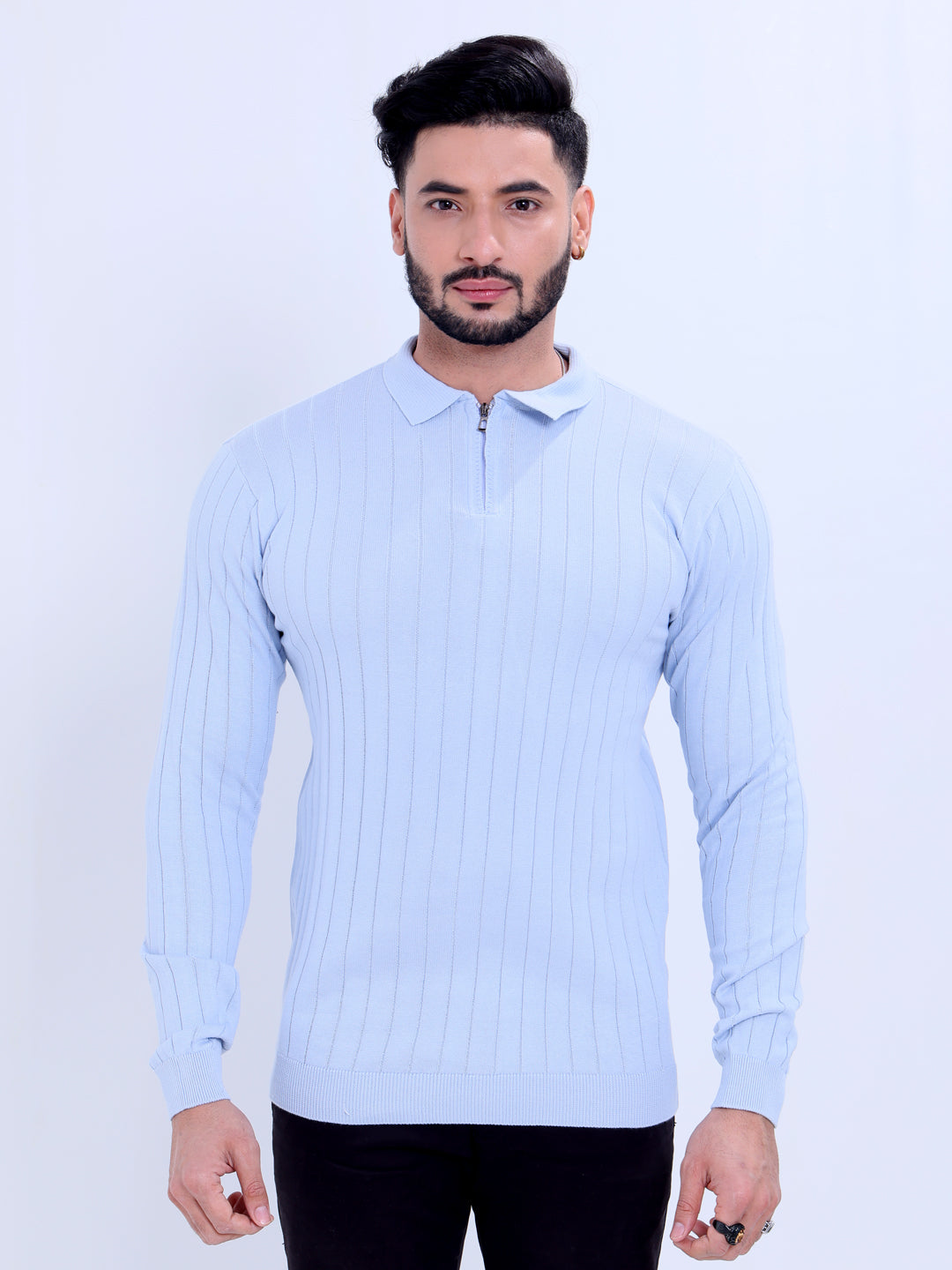 Men's Ribbed Knit Long Sleeve Nativebull Neck Sweatshirt  - Blue