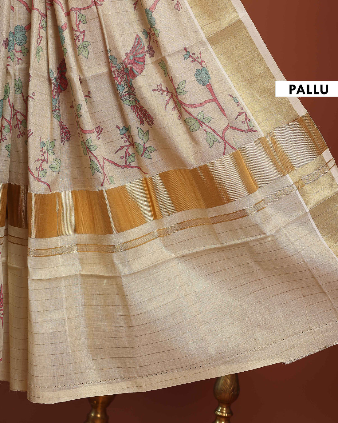 Traditional Kerala Kasavu Saree with Floral Print Design and Zari Border -  Cream