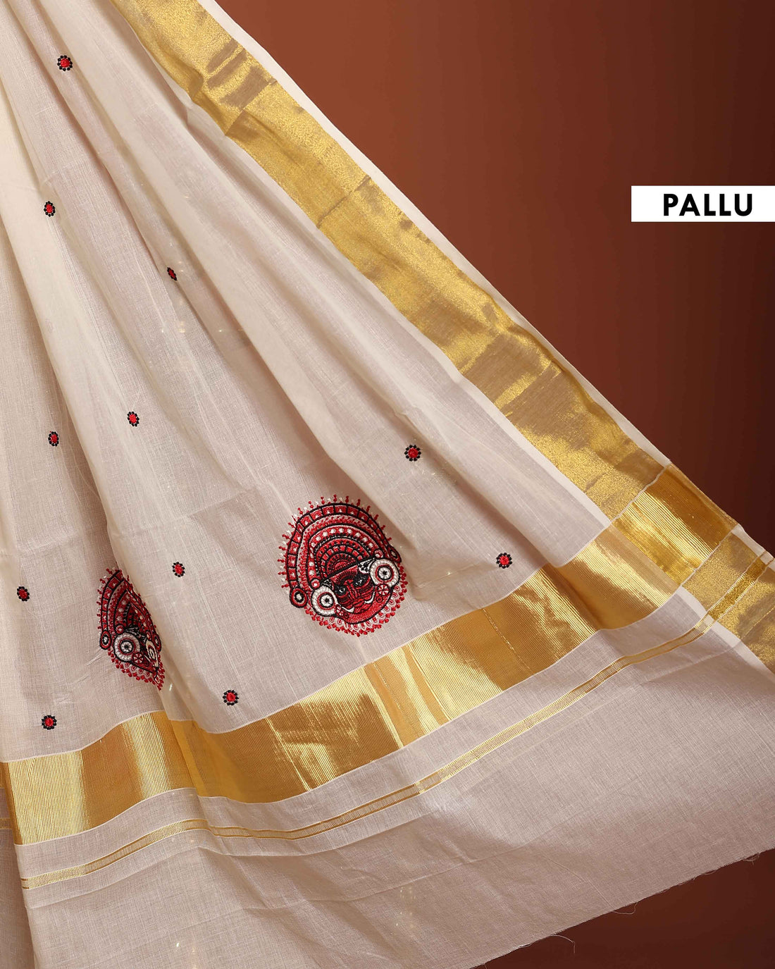 Traditional Kerala Kasavu Cotton Saree with Zari Border and Floral Butta Design  -  Cream