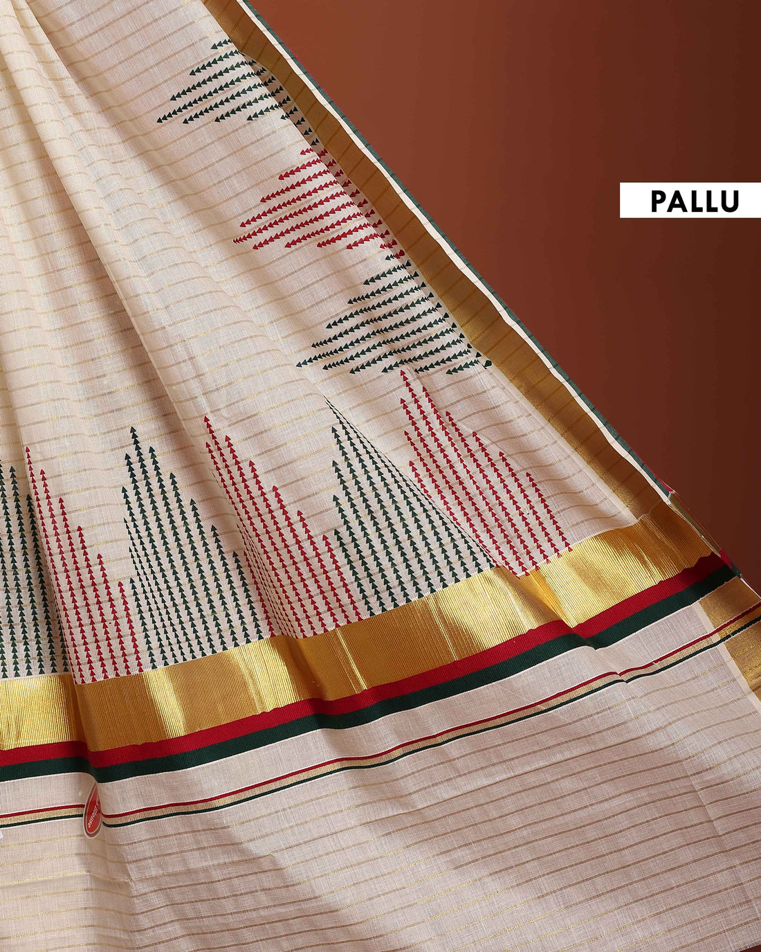 Kerala Handloom Cotton Saree with Traditional Kasavu and Striped Borders -  Cream